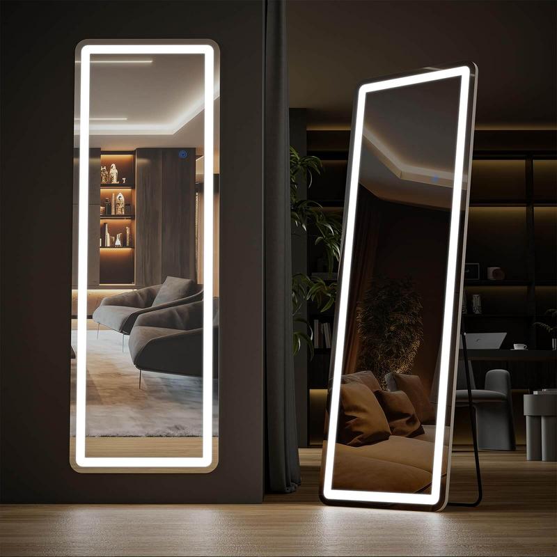 PINGO Full Mirror, LED Light Adjustable Stand Mirror with 3 Colors Temperature and Smart Touch Button, HD Detail Mirror for Home Living Room& Bathroon Bedroom, 64