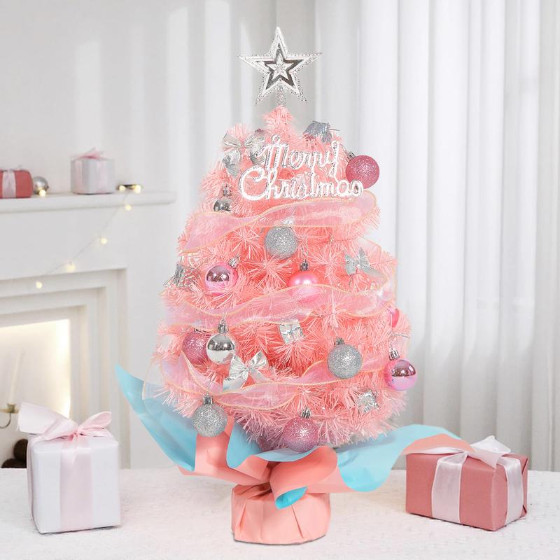 Tabletop Mini Small Christmas Tree with Led Lights 24 Inch 2Ft, Pink Miniature Pine Christmas Tree with Hanging Ornaments, Artificial Xmas Tree Battery Operated, Best DIY Christmas Holiday Party Decorations vintage christmas tree