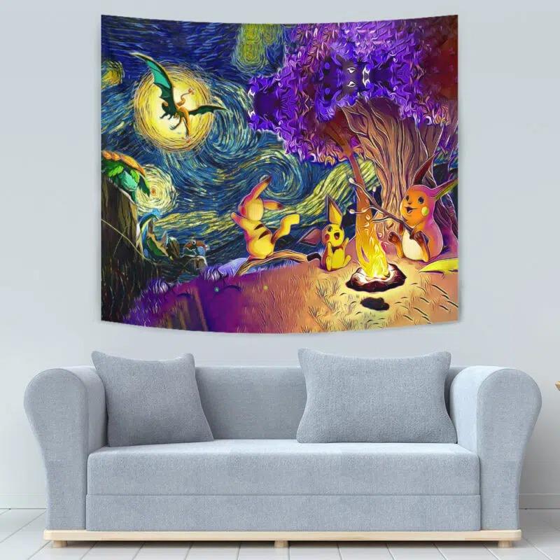 Pokemon Starry Night Campfire Tapestry for Living Room Bed Room