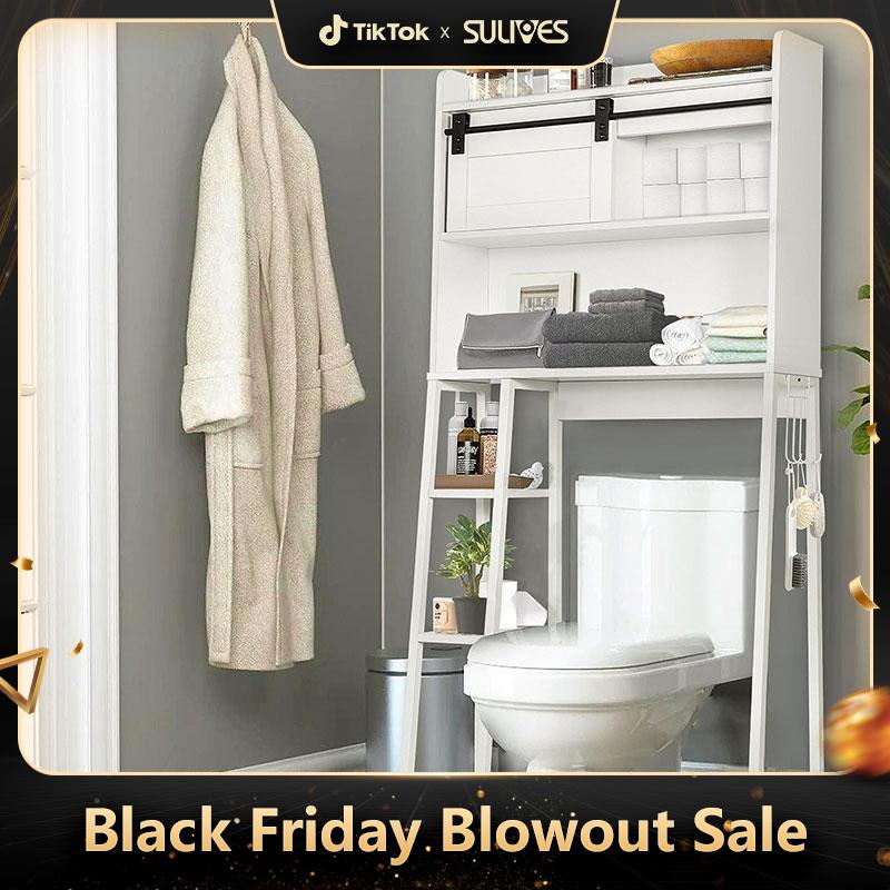 SULIVES Over The Toilet Storage with Cabinet, Sliding Barn Door, Side Storage Open Rack, Mass-Storage Over Toilet with Hooks Bathroom Organizer for Bathroom, Restroom, Laundry, White