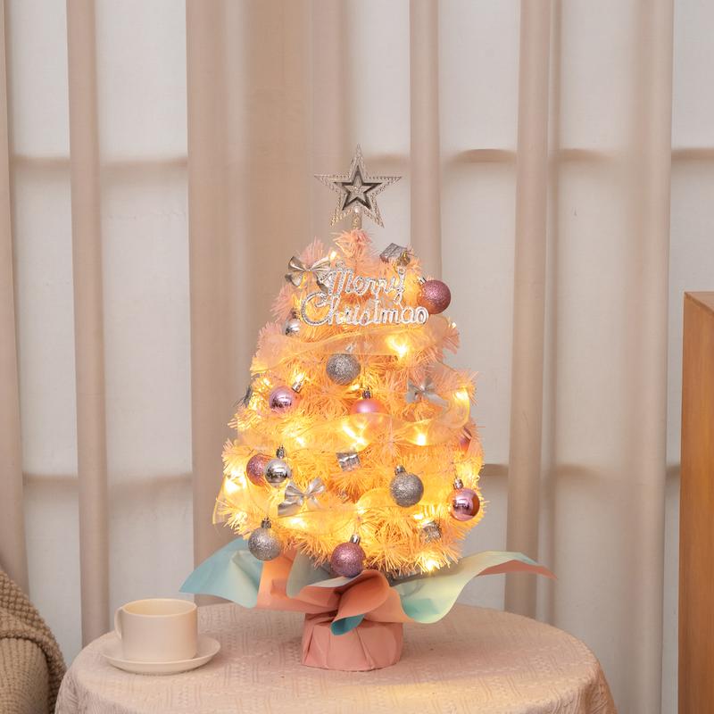 Tabletop Mini Small Christmas Tree with Led Lights 24 Inch 2Ft, Pink Miniature Pine Christmas Tree with Hanging Ornaments, Artificial Xmas Tree Battery Operated, Best DIY Christmas Holiday Party Decorations vintage christmas tree