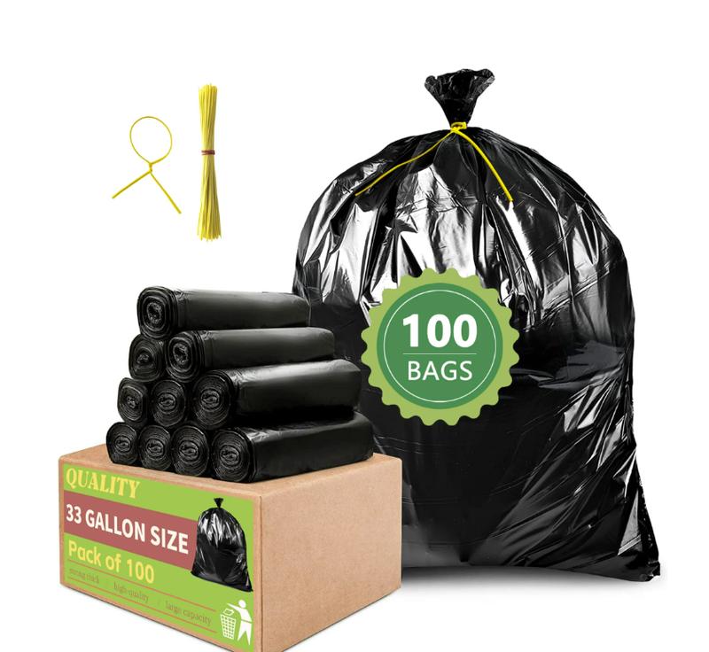 33 Gallon Trash Bags (100 Count), Garbage Bags 30-32 Gallon, High Density Bags with Tying Ropes