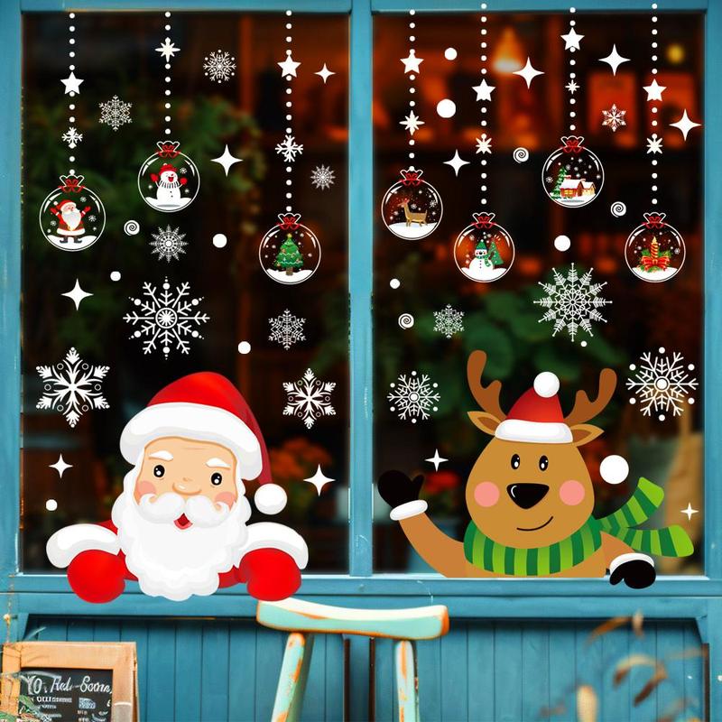 Christmas Window Sticker, 1 Set Santa Claus & Reindeer Pattern Window Decal, Window Decoration for Home Party Festival