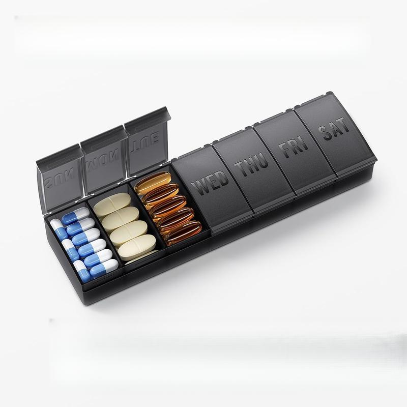 Pill Organizer Large, Weekly Pill Organizer Pill Box, Medicine Pill Organizer Travel, 7 Day Pill Case for Big Vitamin Supplements Fish Oil, Black