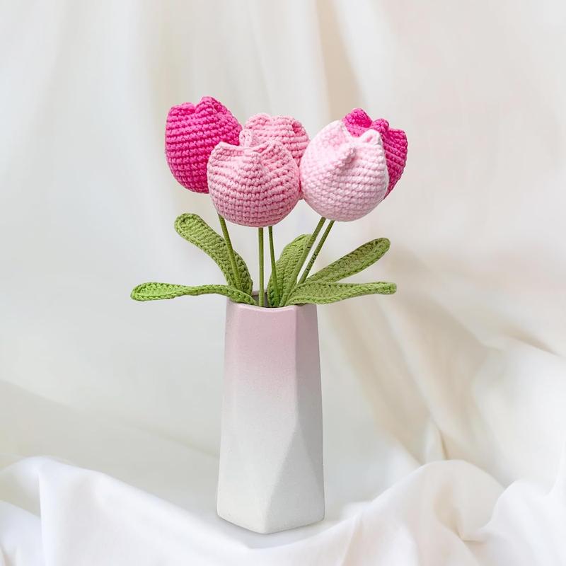 Crochet Tulip Flower Bouquet, Handmade Knitted Artificial Tulip Flowers, Gift for Mom Wife Women(Pink)