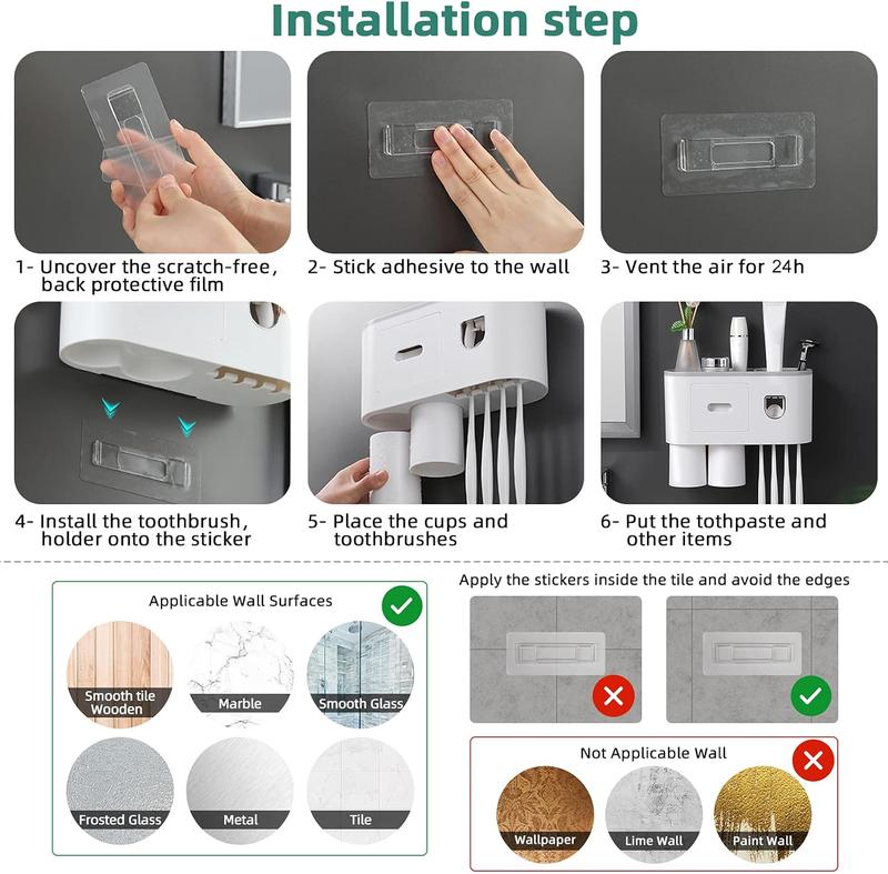 Wall Mounted Toothbrush Holder with Automatic Toothpaste Dispenser and Squeezer Kit - 4 Brush Slots, 2 Cups, 1 Cosmetic Drawer for Bathroom and Vanity