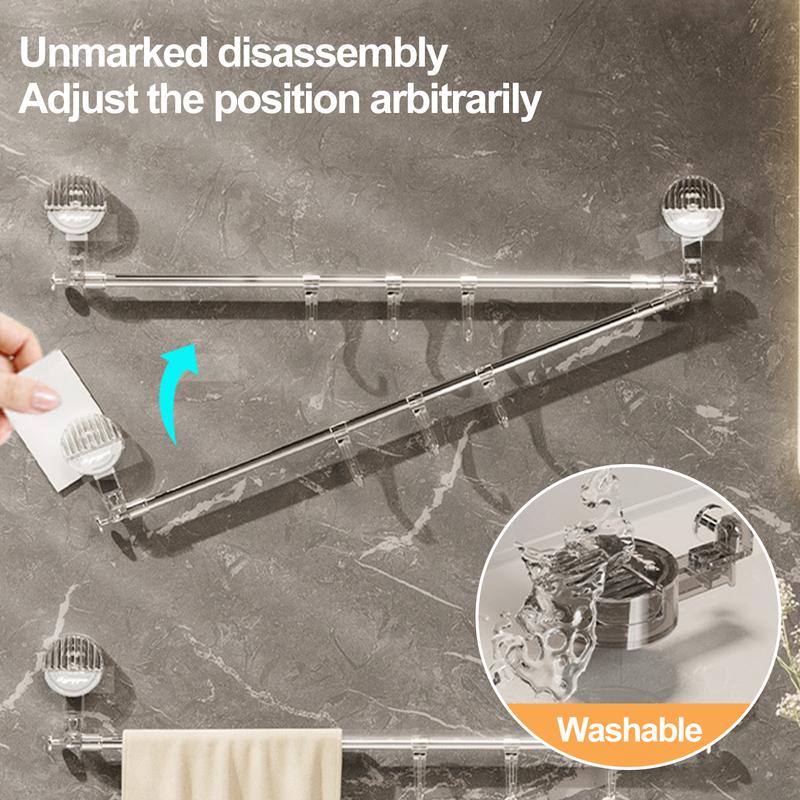 Adjustable telescopic Corner Suction Cup Towel Rack for Bathroom,No-Drill Kitchen Household Storage Rack, Single Rod with Hooks