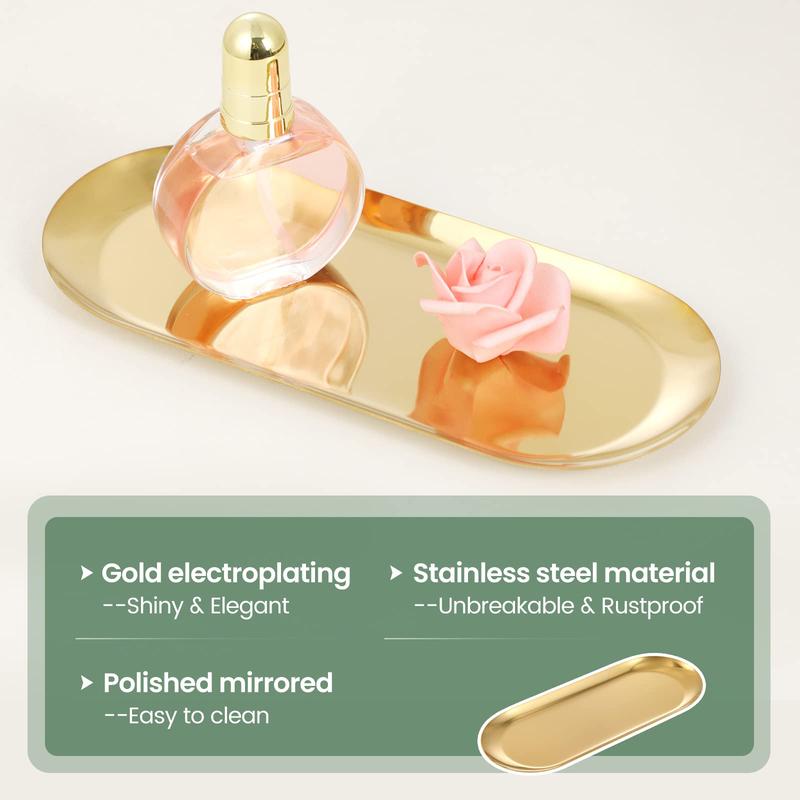 2PACK Gold Decorative Tray, Bathroom Vanity Tray for Dresser Counter, Kitchen Sink Tray for Soap Dispensers, Stainless Steel Jewelry Tray, Perfume Ring Key Candle Organizer Tray, Oval Gift Glass