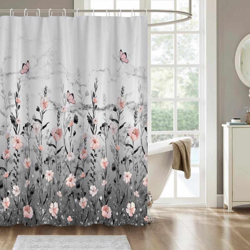 Floral Print Shower Curtain, 1 Count Boho Style Bathroom Curtain with 12pcs Hooks, Bathroom Decor Supplies for Home Hotel Salon Dormitory