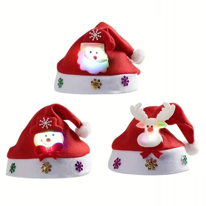 Cartoon Reindeer & Snowman & Santa Claus Design Christmas Hat, 3 Counts set Battery Powered LED Light Up Hat with Battery, Party Decoration for Indoor & Outdoor