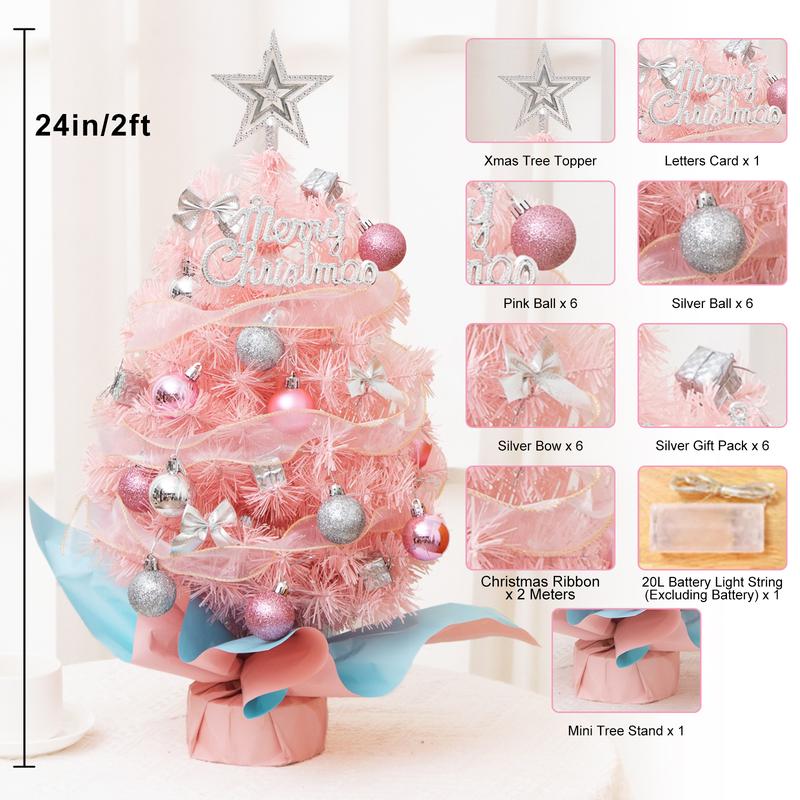 Tabletop Mini Small Christmas Tree with Led Lights 24 Inch 2Ft, Pink Miniature Pine Christmas Tree with Hanging Ornaments, Artificial Xmas Tree Battery Operated, Best DIY Christmas Holiday Party Decorations vintage christmas tree