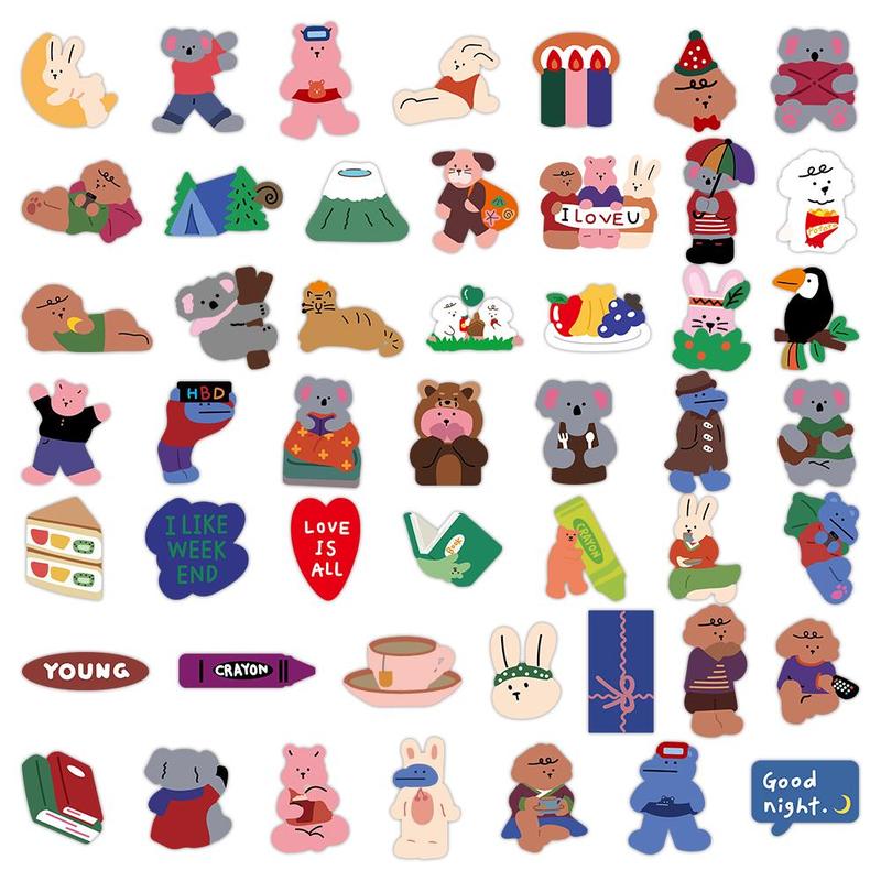 Cartoon Bear Pattern Sticker, 50pcs Waterproof Self Adhesive Decor Sticker, DIY Decals for Gift Greeting Card Water Bottle Laptop Phone