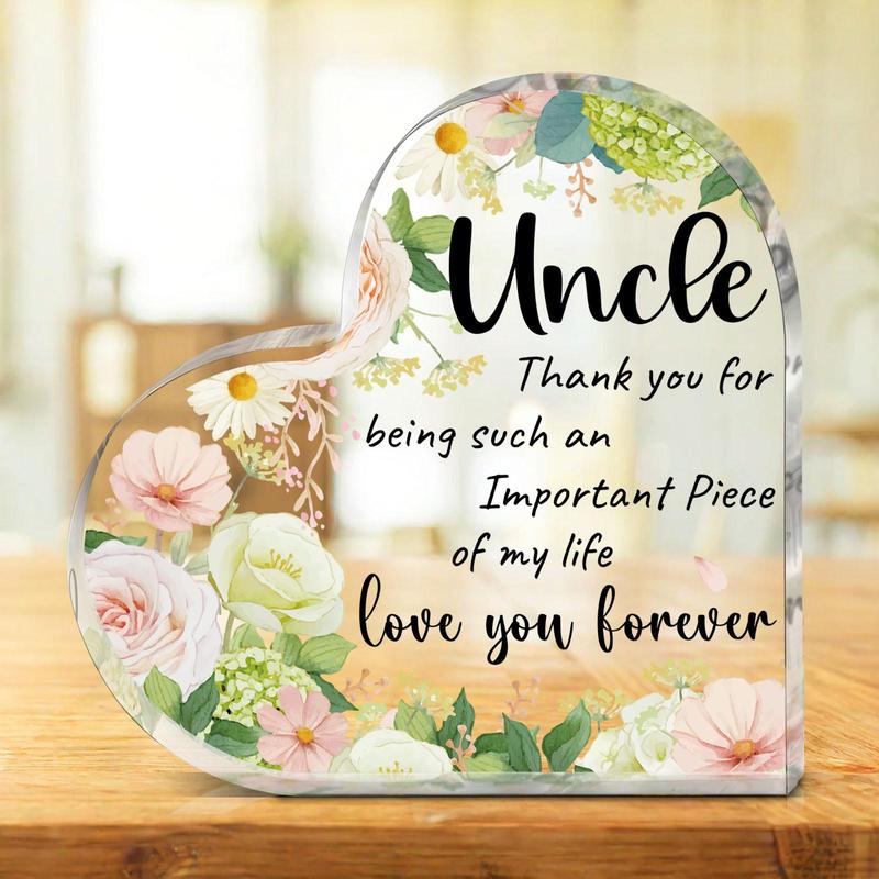 Flowers & Letters Pattern Acrylic Ornament, 1 Count Thank You Heart Shaped Gifts for Uncle, Desk Signs Ornaments for Table Tops