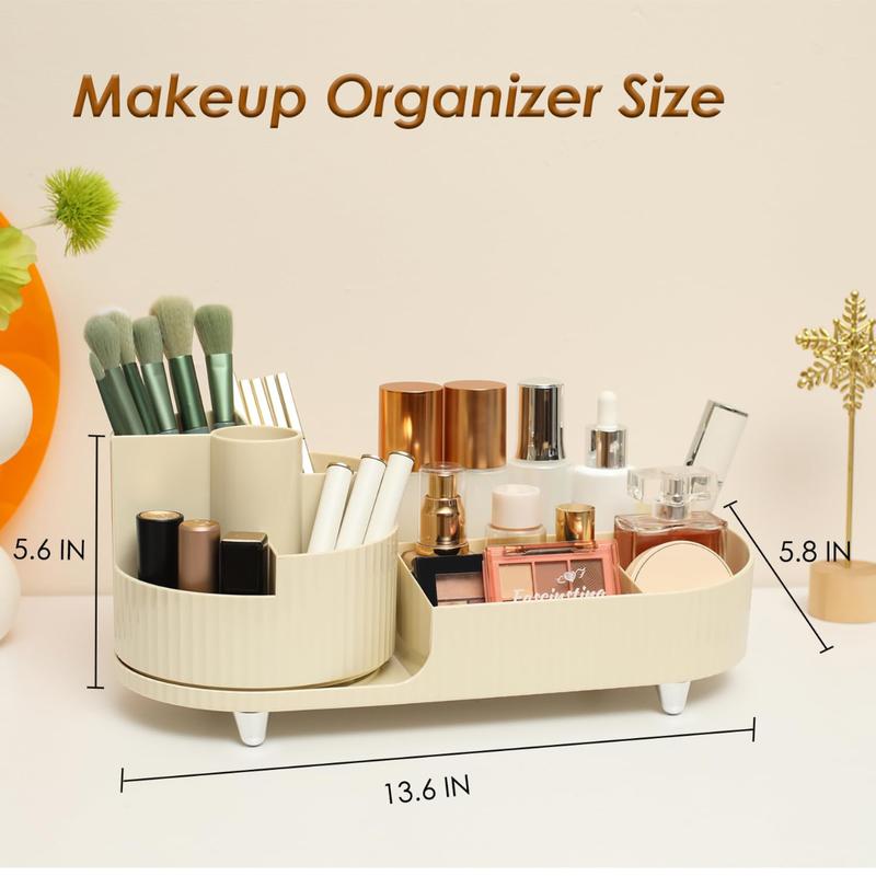 [Fast Delivery] Makeup Organizer Countertop Rotating Makeup Organizer for Vanity Large Capacity Cosmetic Display Case with Makeup Brush Holder Cosmetic Organizer Countertop（Cream）