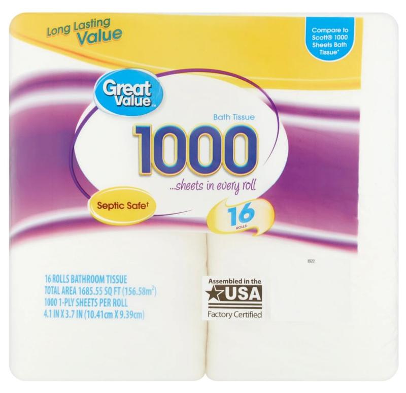 Great Value 1000 Bath Tissue Rolls, 16 Rolls