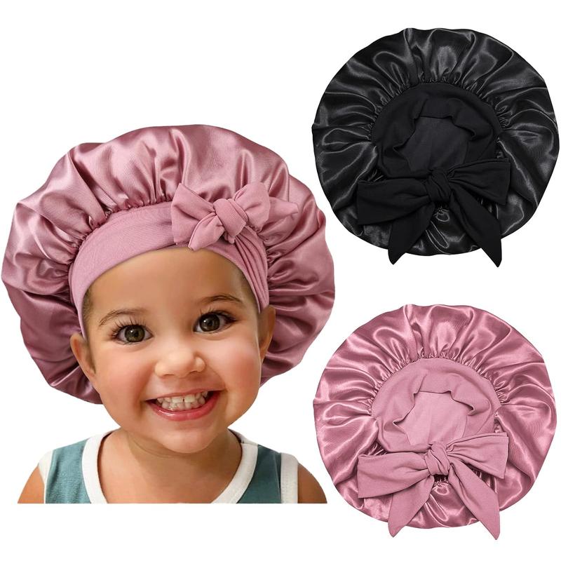 Satin Silk Bonnet Hair Cap: 2pcs Bonnets for Child with Elastic Tie Band Adjustable Straps for Sleeping Sleep Comfortable - Stretchy Tie Band Hair Bonnets No Slip-Off Set Shower