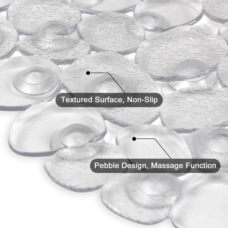 Pebbles Bath Mat Clear Non-Slip Bathtub Mat with Suction Cups, Drain Holes for Bathroom Showers, Tub, Machine Washable, BPA, Latex Free Safe Shower Mats, Oval 27 x 14 Inch