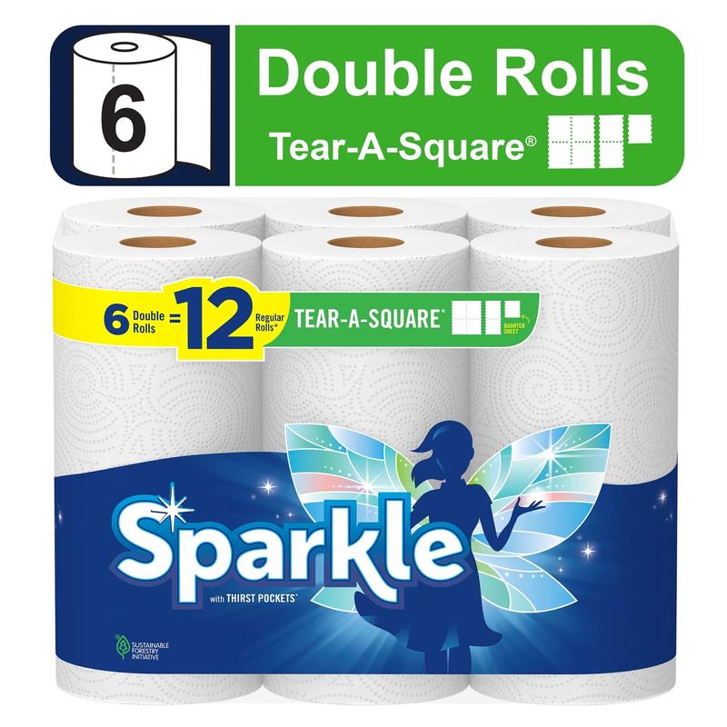 Sparkle Tear-a-Square Paper Towels, 6 Double Rolls