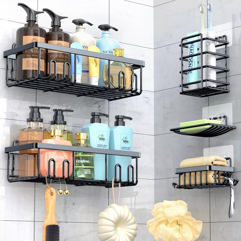 Shower Caddy 5 Pack, Adhesive Shower Organizer for Bathroom & Home & Kitchen, Rustproof Stainless Steel Shower Shelves with Hooks Racks