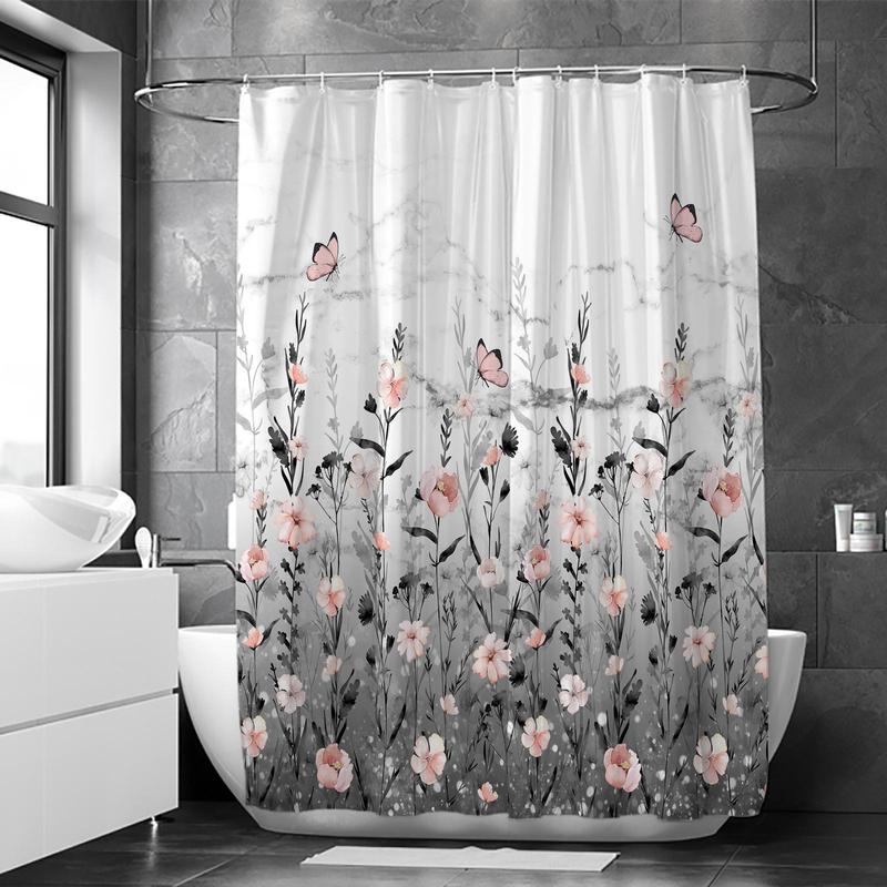 Floral Print Shower Curtain, 1 Count Boho Style Bathroom Curtain with 12pcs Hooks, Bathroom Decor Supplies for Home Hotel Salon Dormitory