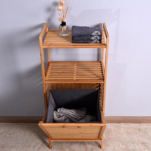 LEROY MORGAN Bathroom Laundry Basket Bamboo Storage Basket with 2-tier Shelf 17.32 x 13 x 37.8 inch Natural Style