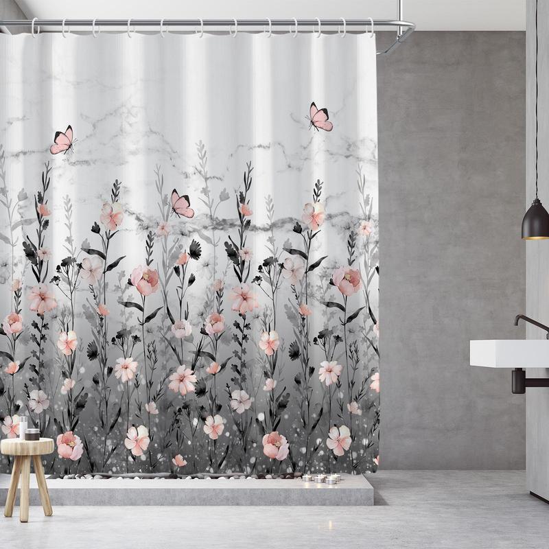 Floral Print Shower Curtain, 1 Count Boho Style Bathroom Curtain with 12pcs Hooks, Bathroom Decor Supplies for Home Hotel Salon Dormitory