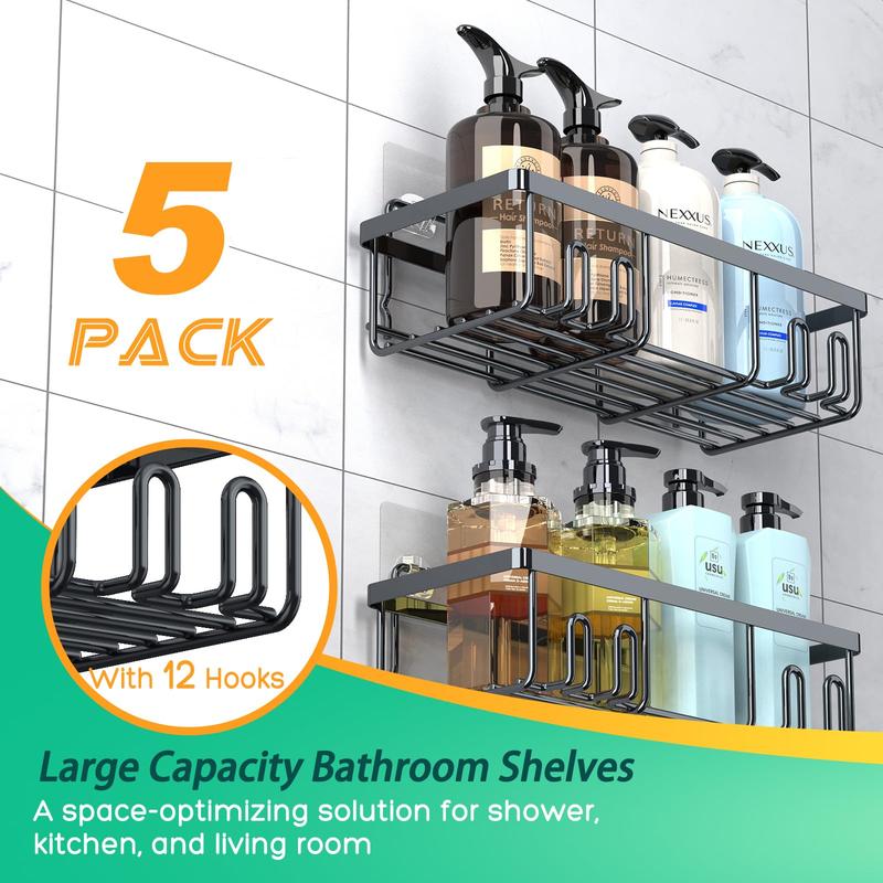 Shower Caddy 5 Pack, Adhesive Shower Organizer for Bathroom & Home & Kitchen, Rustproof Stainless Steel Shower Shelves with Hooks Racks