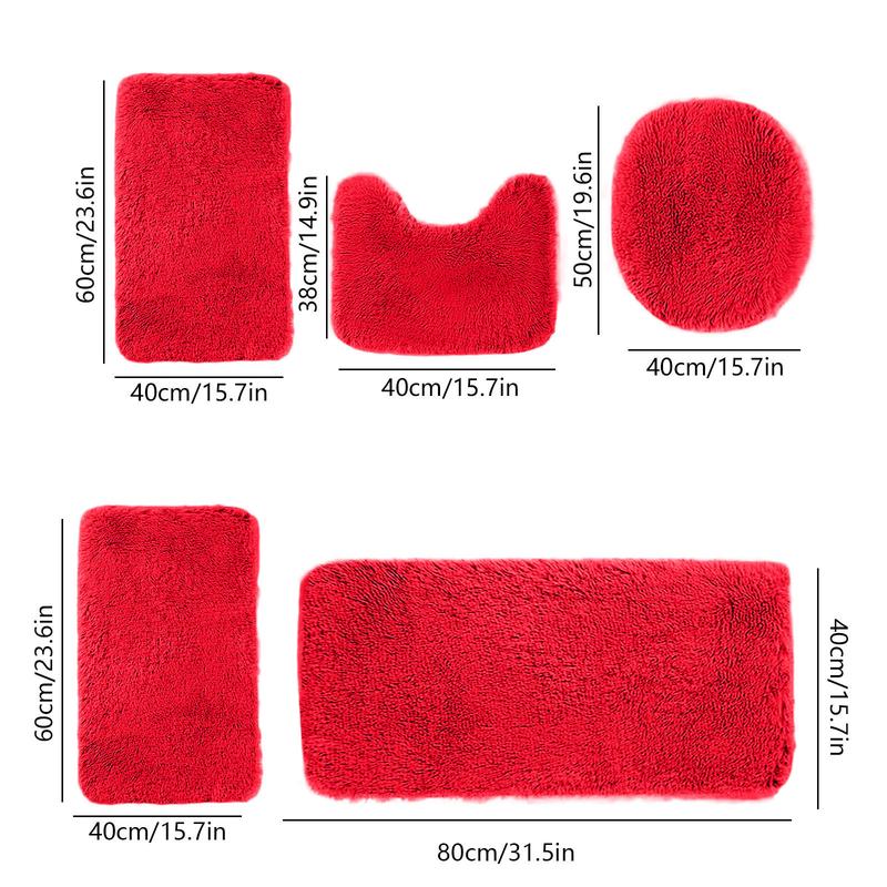 Bathroom Rugs Sets 5 Piece, Red Microfiber Luxury Shaggy Bathroom Mats Set Extra Thick, Mixed Color Non Slip Bath Mats for Bathroom, Water Absorbent, Washable Khaki Bath Rugs for Tub, Toilet and Floor area rug