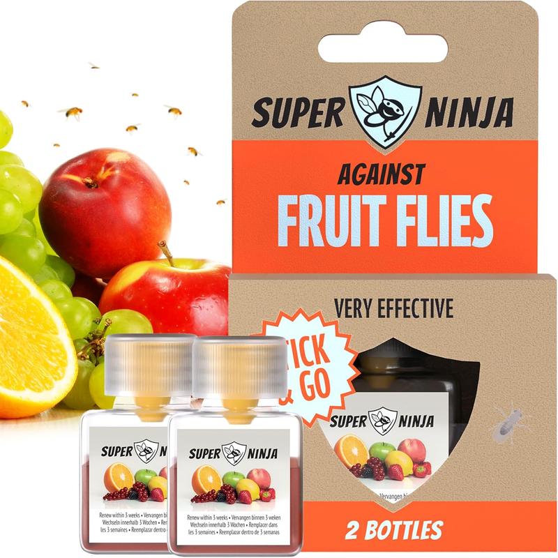 Super Ninja Fruit Fly Traps for Indoors - 2 Traps - Highly Effective Eco-Friendly Fruit Fly Catcher for Indoors - Pet and Child Safe - up to 3 Weeks per Bottle Super Ninja