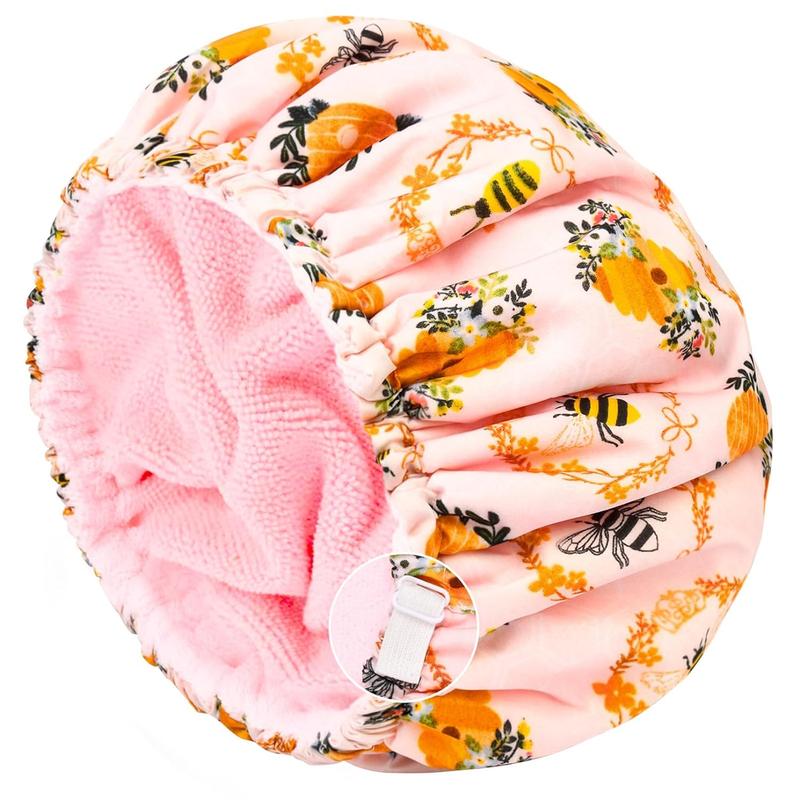 Shower Cap for Women Terry Lined Bath Cap Large Reusable Waterproof Elastic Band Pink Shower Caps for Long Thick Hair Soft Bath Shower Hair Caps