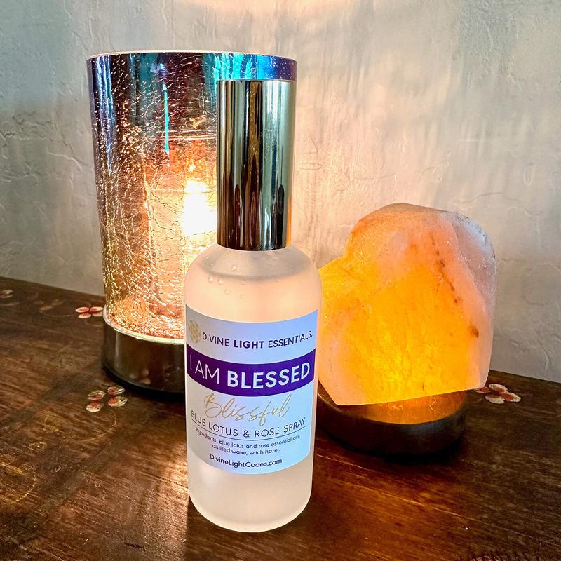 I Am Blessed Spray - Body Blessing - Room Clearing - Freshener - Blue Lotus & Rose - Rose Quartz Crystals - Home Fragrance - Pillow Spray Bottle Glass