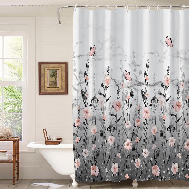 Floral Print Shower Curtain, 1 Count Boho Style Bathroom Curtain with 12pcs Hooks, Bathroom Decor Supplies for Home Hotel Salon Dormitory