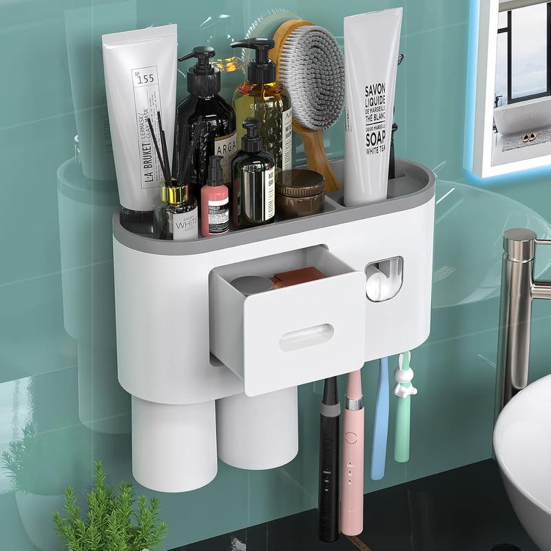 Wall Mounted Toothbrush Holder with Automatic Toothpaste Dispenser and Squeezer Kit - 4 Brush Slots, 2 Cups, 1 Cosmetic Drawer for Bathroom and Vanity