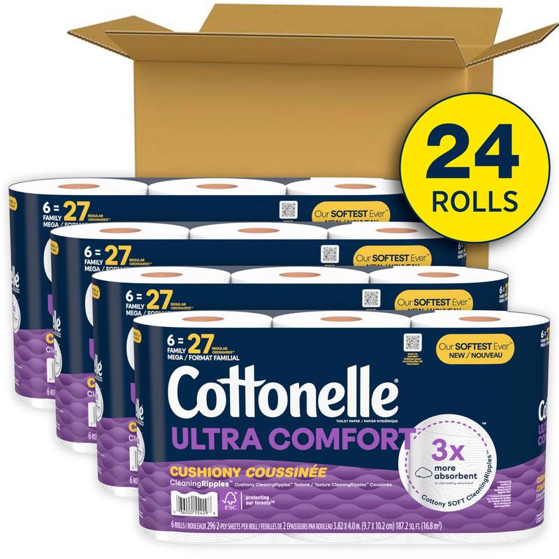 Ultra Comfort Toilet Paper with Cushiony CleaningRipples Texture, 24 Family Mega Rolls (24 Family Mega Rolls = 108 Regular Rolls) (4 Packs of 6), 296 Sheets per Roll, Packaging May Vary