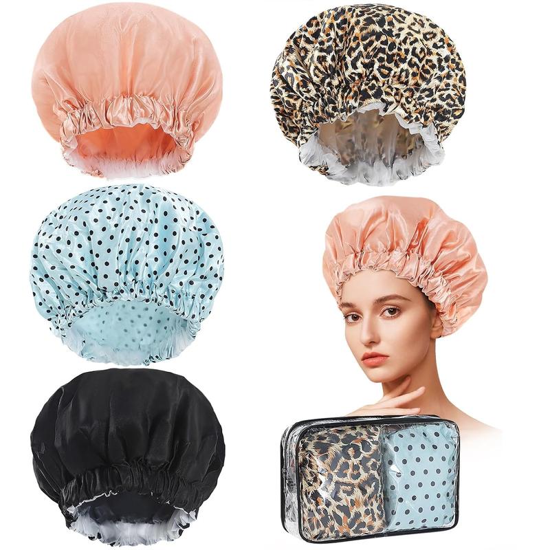 4 Pack Reusable Waterproof Shower Caps for Women with Toiletry Bag - Large Hair Shower Cap Set for Long Hair, Hair Protection Double Waterproof Layers Bath Hat