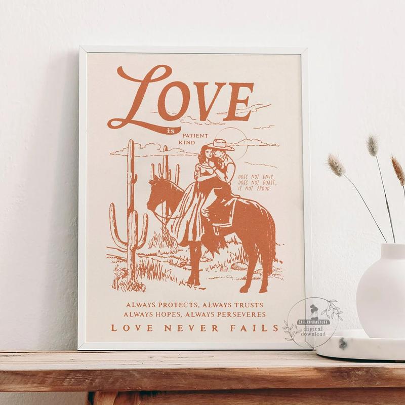 1 Corinthians Love Bible Verse Western Desert Wall Art, Modern Christian Couple Artwork Poster No Frame, Southwestern Housewarming Gift, Wild West Cactus Print, Decor Home