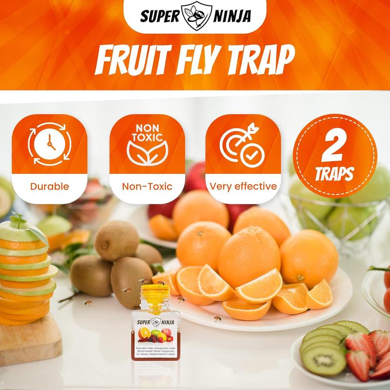 Super Ninja Fruit Fly Traps for Indoors - 2 Traps - Highly Effective Eco-Friendly Fruit Fly Catcher for Indoors - Pet and Child Safe - up to 3 Weeks per Bottle Super Ninja