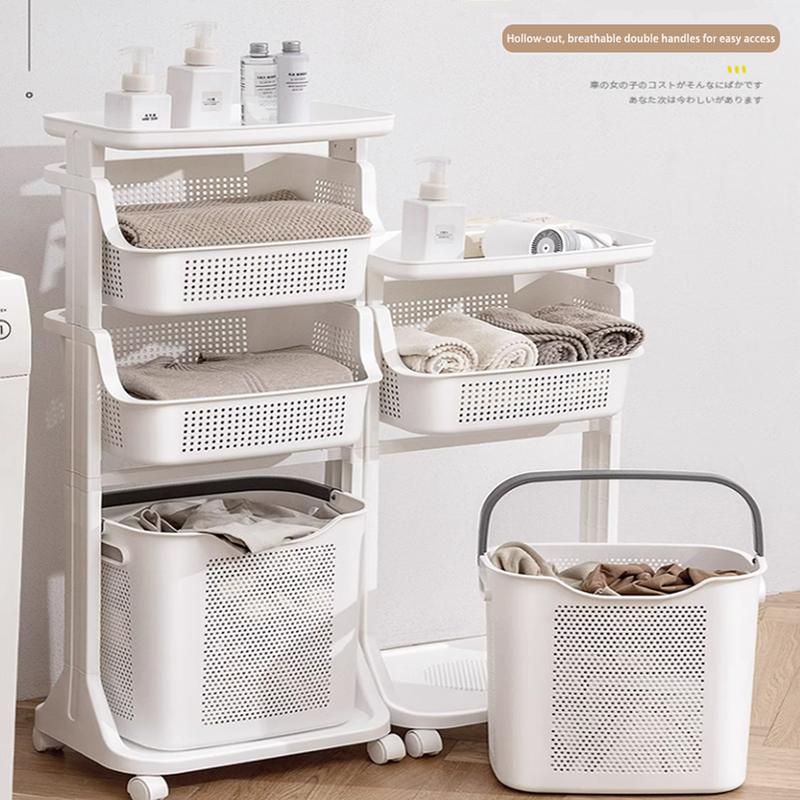 Wellgolife 3-Layers - Bathroom Laundry Basket with Wheels , Clothes Storage Organiser, Household Kitchen Shelf Fruit Stand