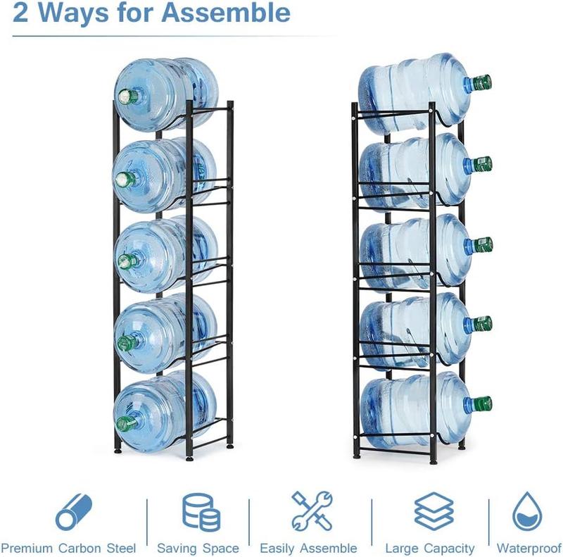 Standing Water Cooler Jug Rack, Sturdy 5-Gallon Water Bottle Storage Rack, 5-Tier Heavy Duty Bottle Organiser Shelf for Kitchen, Office, Black