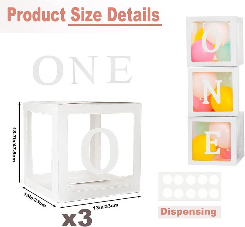 First Birthday Balloons Boxes for Boy or Girl 'ONE' Letters Individual Three White Transparent Square Boxes  1st Birthday Party Decorations Backdrop Photo Shoot Prop