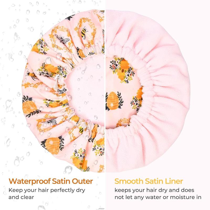 Shower Cap for Women Terry Lined Bath Cap Large Reusable Waterproof Elastic Band Pink Shower Caps for Long Thick Hair Soft Bath Shower Hair Caps