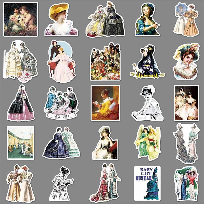 50 Sheets pack Vintage Palace Women Series Sticker, Scrapbooking & Journal Decorative Sticker, Waterproof Sticker For Stationery Computer Water Bottle Decoration