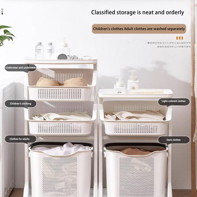 Wellgolife 3-Layers - Bathroom Laundry Basket with Wheels , Clothes Storage Organiser, Household Kitchen Shelf Fruit Stand