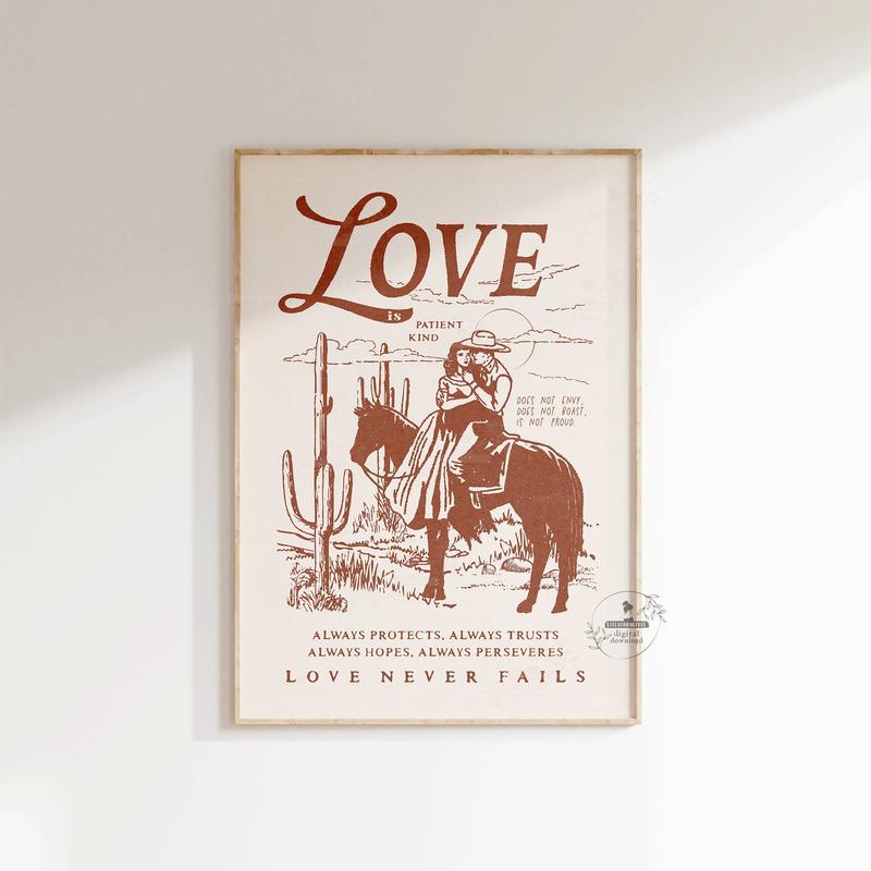 1 Corinthians Love Bible Verse Western Desert Wall Art, Modern Christian Couple Artwork Poster No Frame, Southwestern Housewarming Gift, Wild West Cactus Print, Decor Home