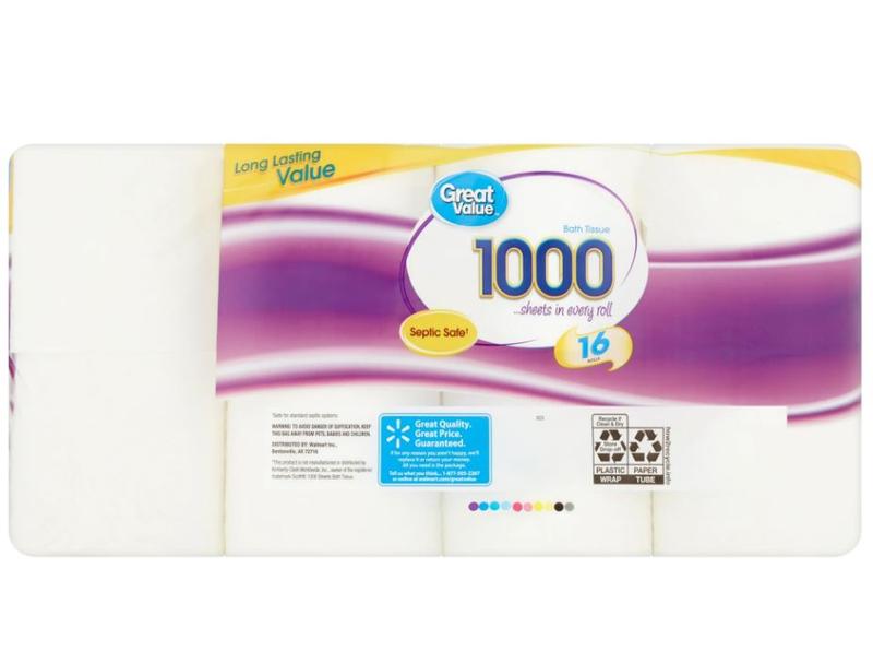 Great Value 1000 Bath Tissue Rolls, 16 Rolls