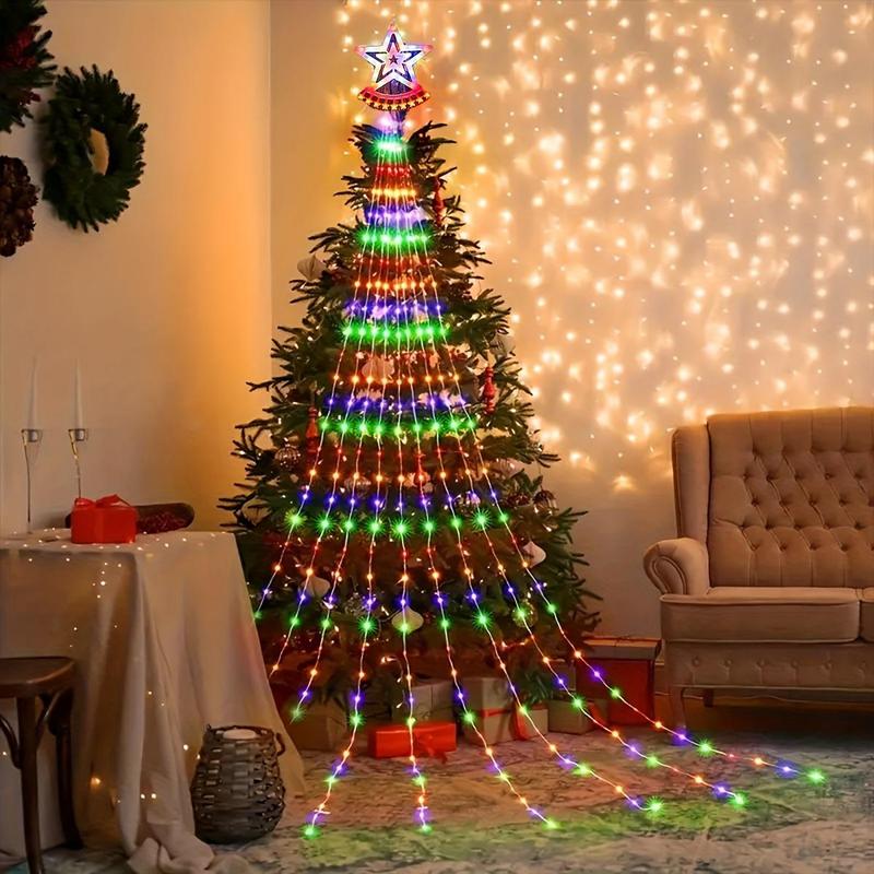 Solar Powered Christmas Tree Light, Star Shower Curtain Hanging Light, Outdoor Decorative Light for Garden, Yard, Terrace