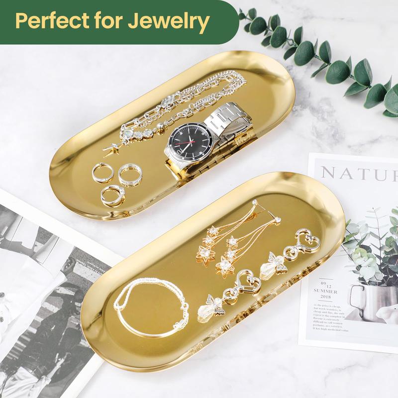 2PACK Gold Decorative Tray, Bathroom Vanity Tray for Dresser Counter, Kitchen Sink Tray for Soap Dispensers, Stainless Steel Jewelry Tray, Perfume Ring Key Candle Organizer Tray, Oval Gift Glass