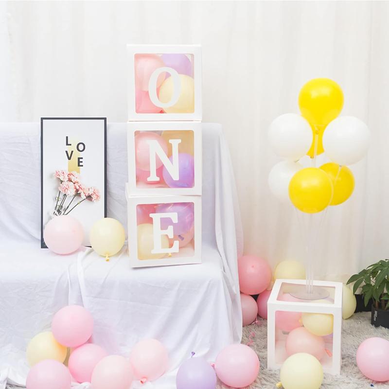 First Birthday Balloons Boxes for Boy or Girl 'ONE' Letters Individual Three White Transparent Square Boxes  1st Birthday Party Decorations Backdrop Photo Shoot Prop