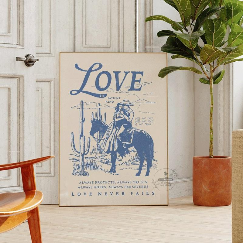 1 Corinthians Love Bible Verse Western Desert Wall Art, Modern Christian Couple Artwork Poster No Frame, Southwestern Housewarming Gift, Wild West Cactus Print, Decor Home