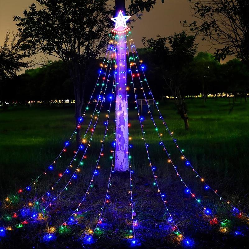 Solar Powered Christmas Tree Light, Star Shower Curtain Hanging Light, Outdoor Decorative Light for Garden, Yard, Terrace